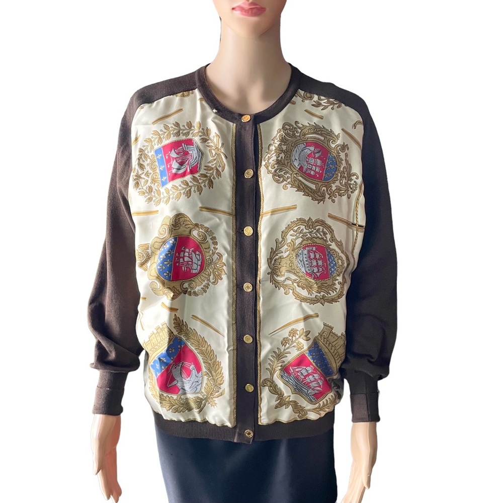 HERMES Classic Silk Scarf Print Wool Cardigan 42 / 10